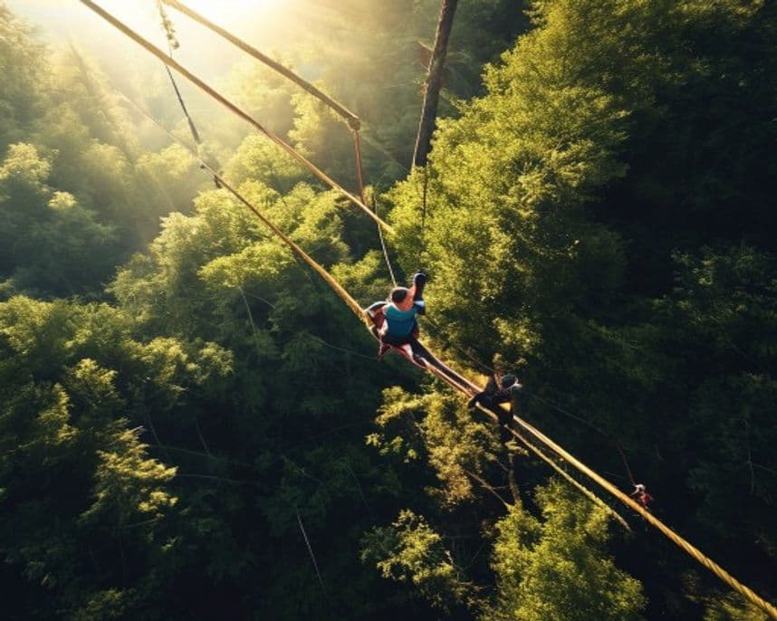 A person on a forest treetop rope course and zipline