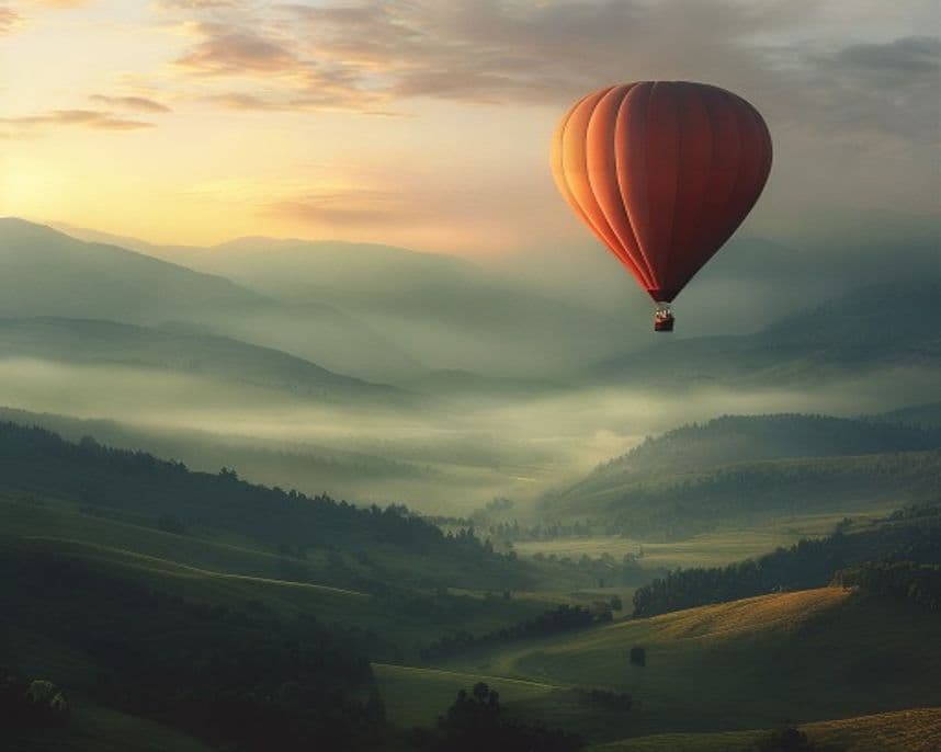 A hot-air balloon rising over a green valley at dawn