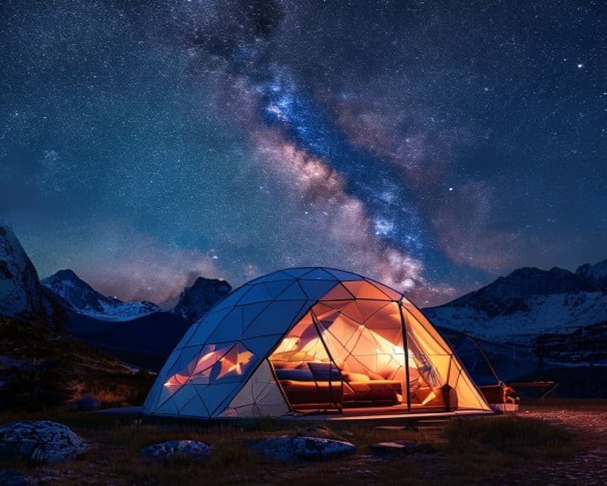 A lit geodesic glamping dome under a starry mountain sky