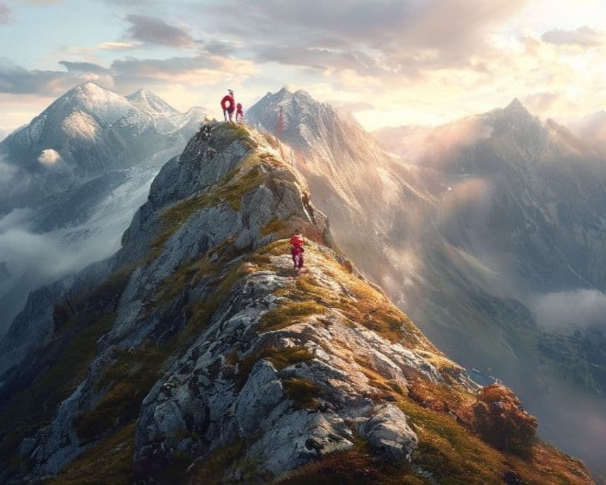 A small guided group hiking a scenic mountain ridge