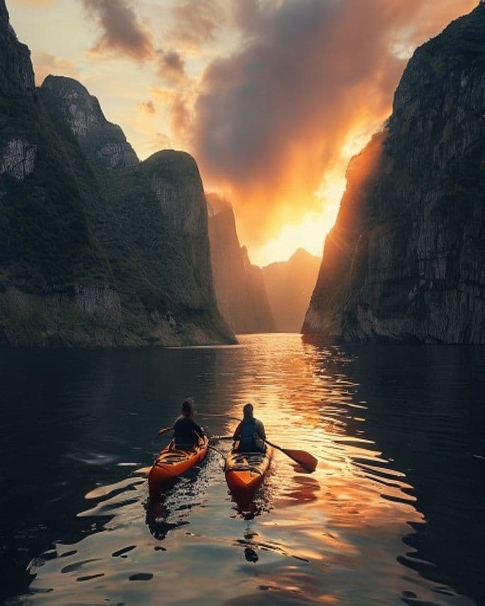 Guests sea-kayaking past dramatic cliffs at sunset